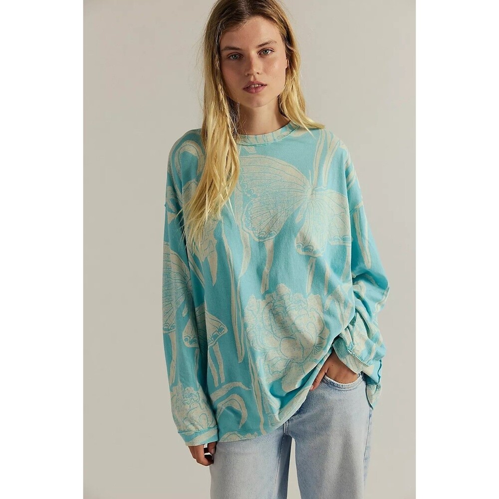 Free People We The Free Ellen Printed Long-Sleeve Tee Tunic Top Cotton S 284735